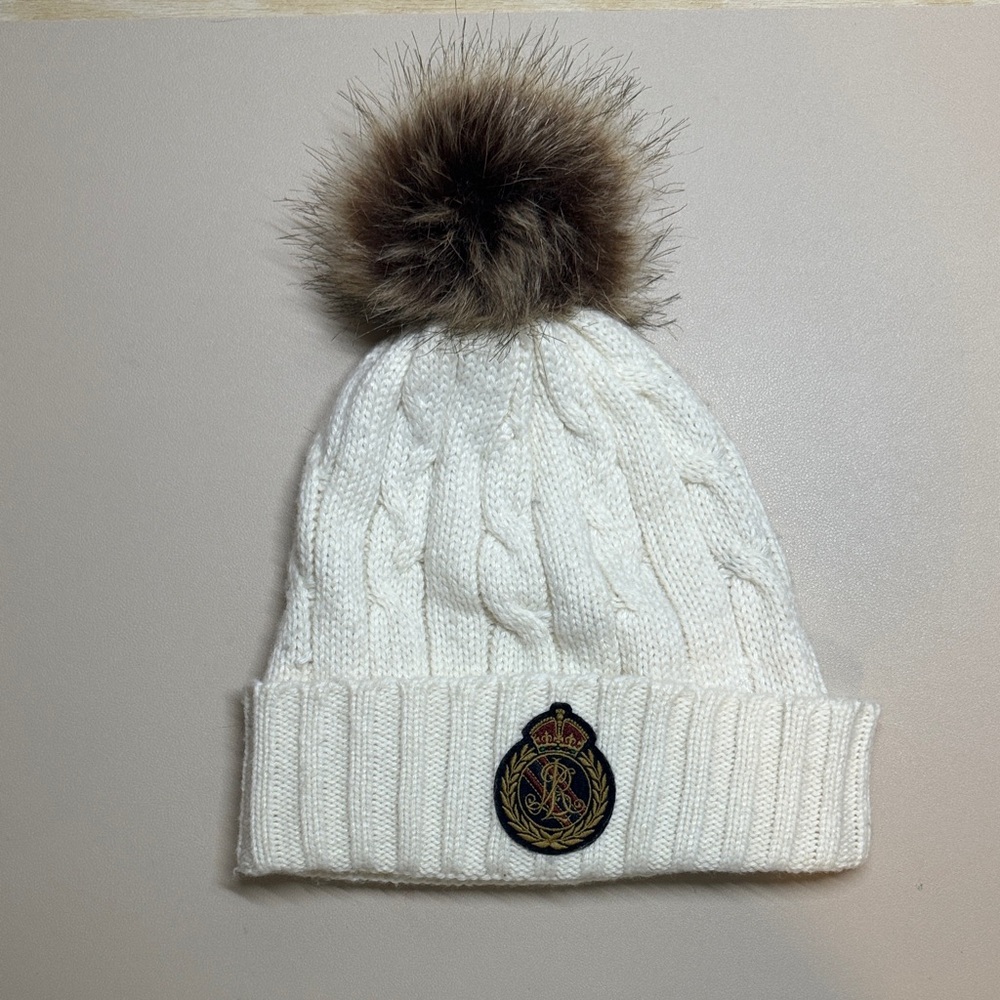 Lauren Ralph Lauren White Cable Knit Beanie with Brown Pom